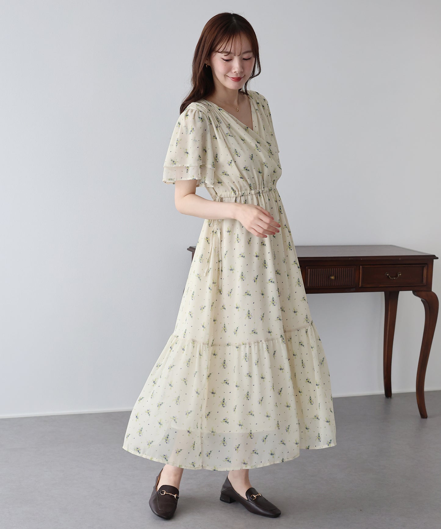 《選べる着丈》シフォンプリントカシュクールワンピース