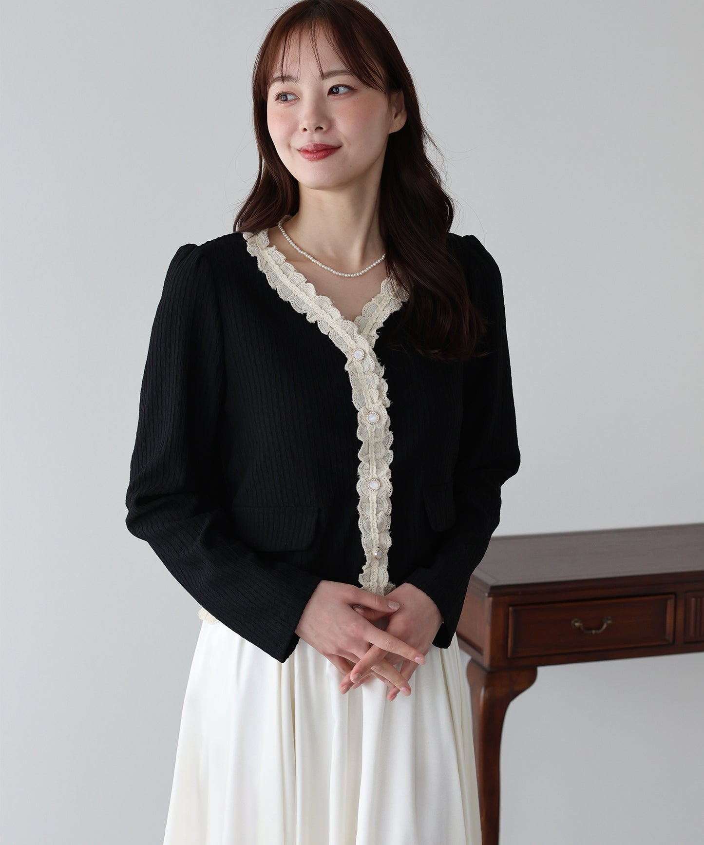 【早割5％OFF】フリルレースジャガードカーディガン