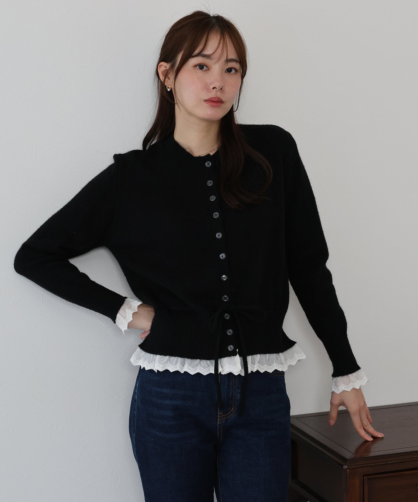 【早割5％OFF】レースドッキングニットカーディガン