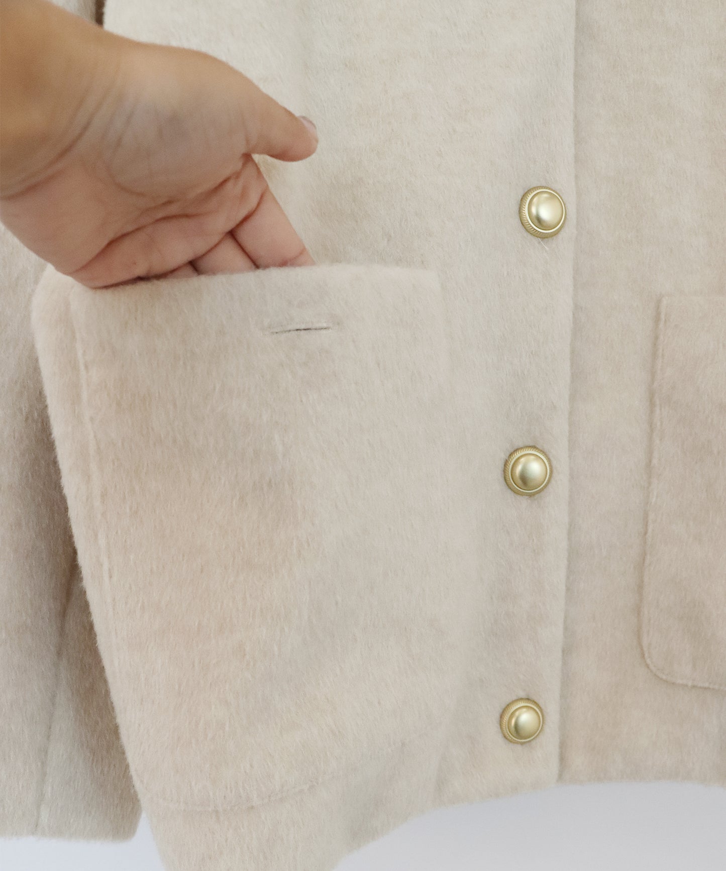 ゴールドボタンスタンドウールシャギーコート