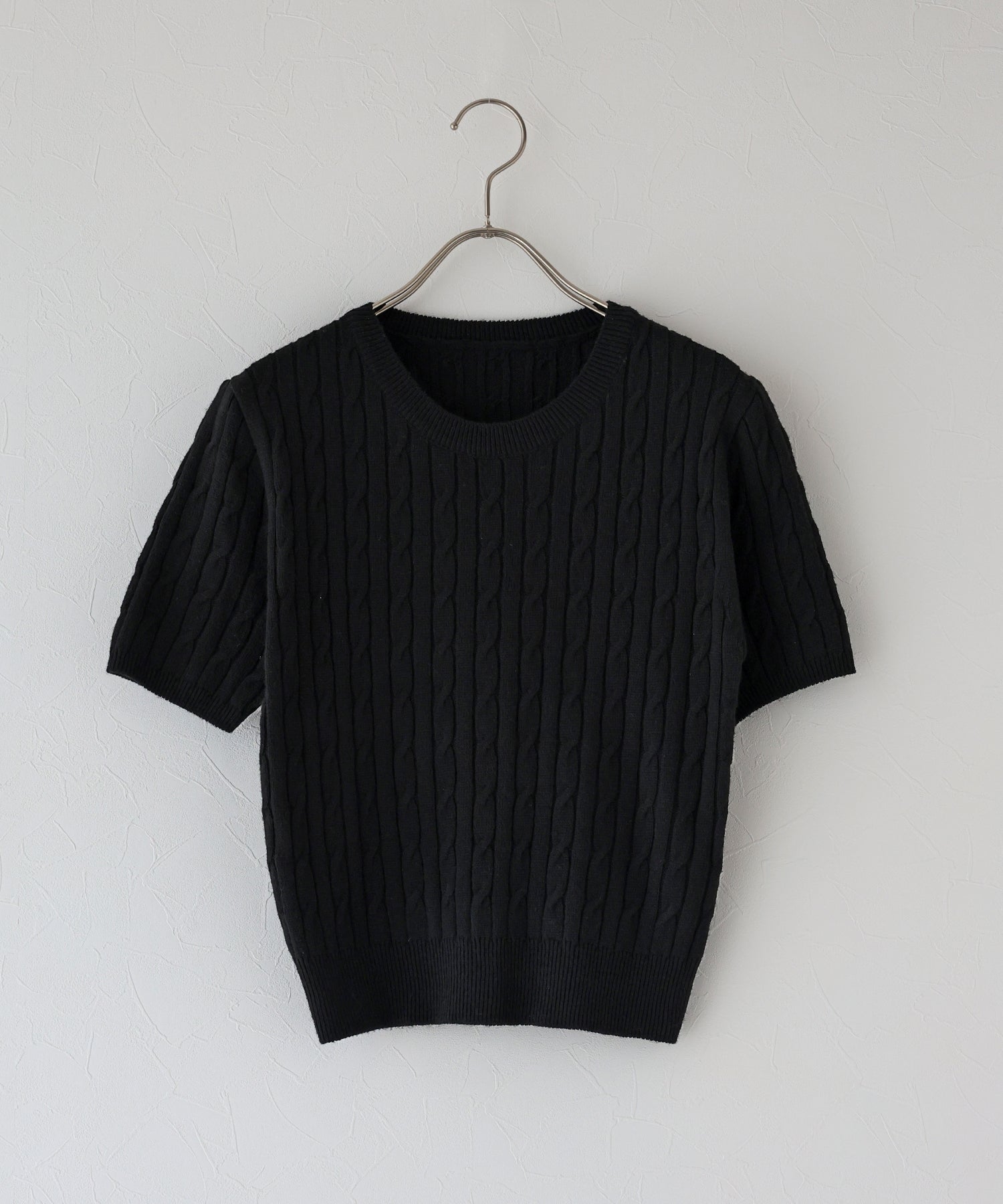 カシミヤ混 アランニット ケーブルニット 黒 肉厚 ローゲージ アラン柄