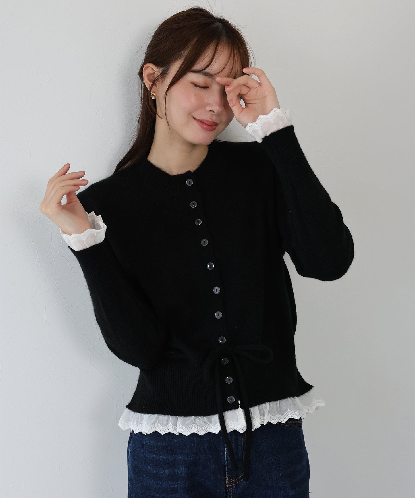 【早割5％OFF】レースドッキングニットカーディガン