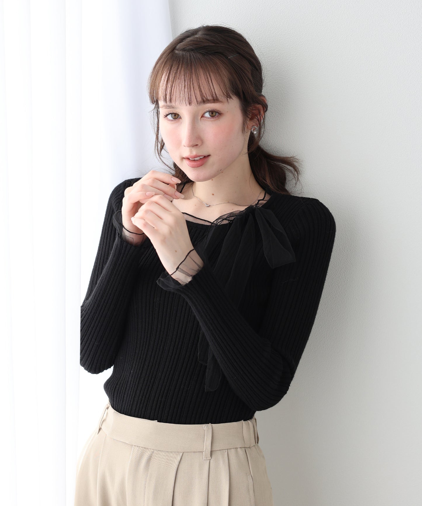 【早割5％OFF】シアーリボンドッキングニット