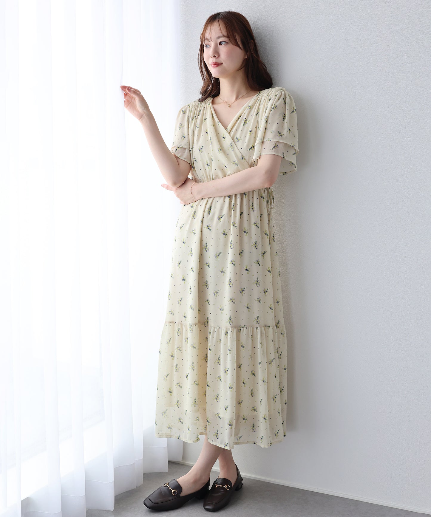 《選べる着丈》シフォンプリントカシュクールワンピース