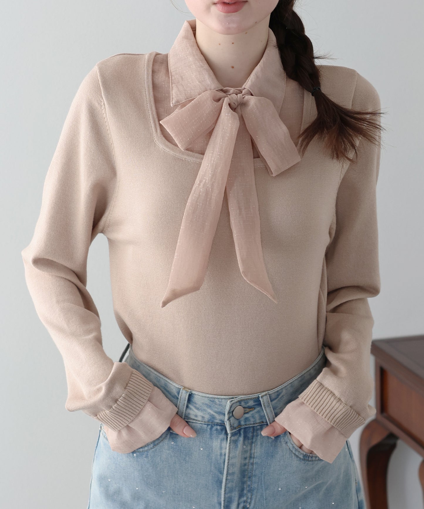 リボン付きシアーシャツドッキングスクエアニット