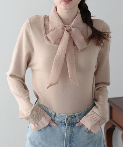 リボン付きシアーシャツドッキングスクエアニット