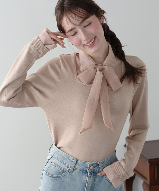 リボン付きシアーシャツドッキングスクエアニット