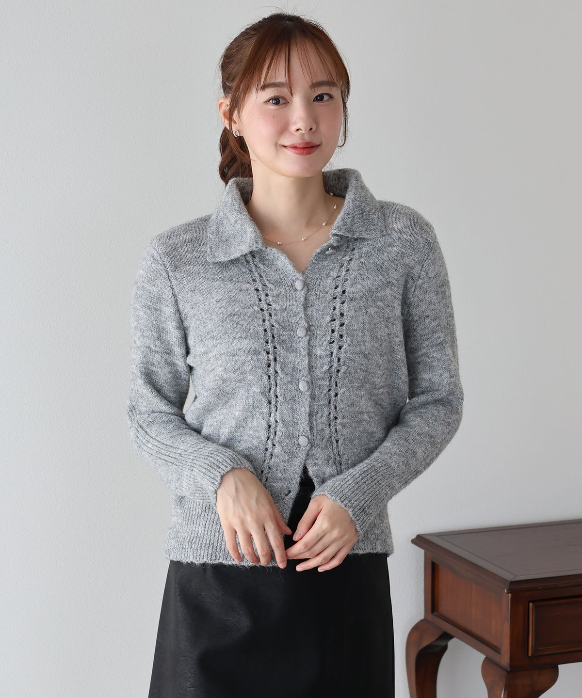 【早割5％OFF】透かし編みポロニットカーディガン