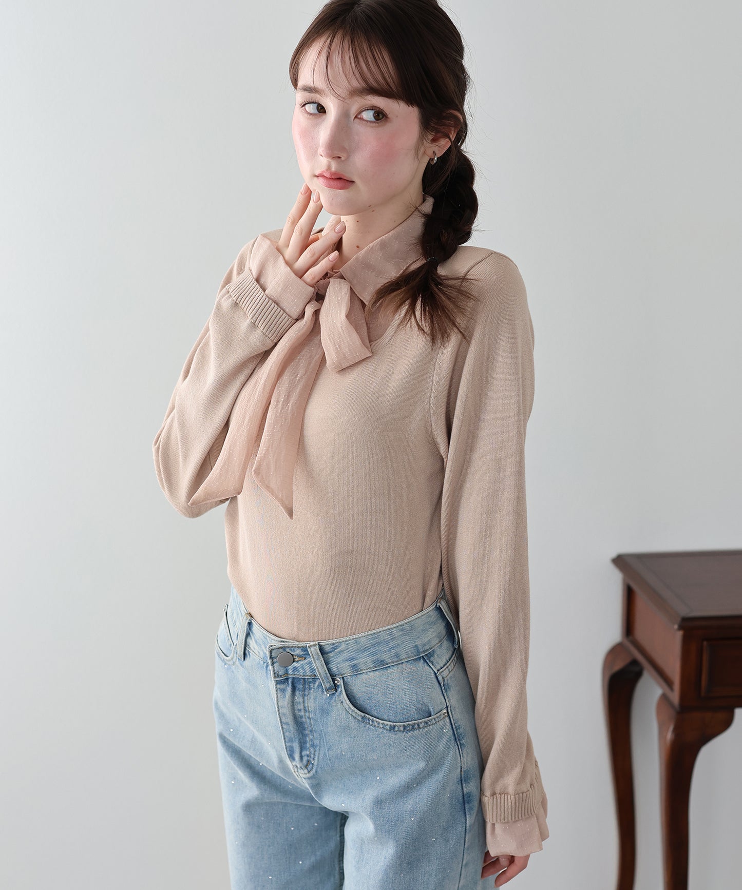 リボン付きシアーシャツドッキングスクエアニット