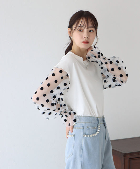 【SALE】袖ドットチュールカットソー【ネコポス】