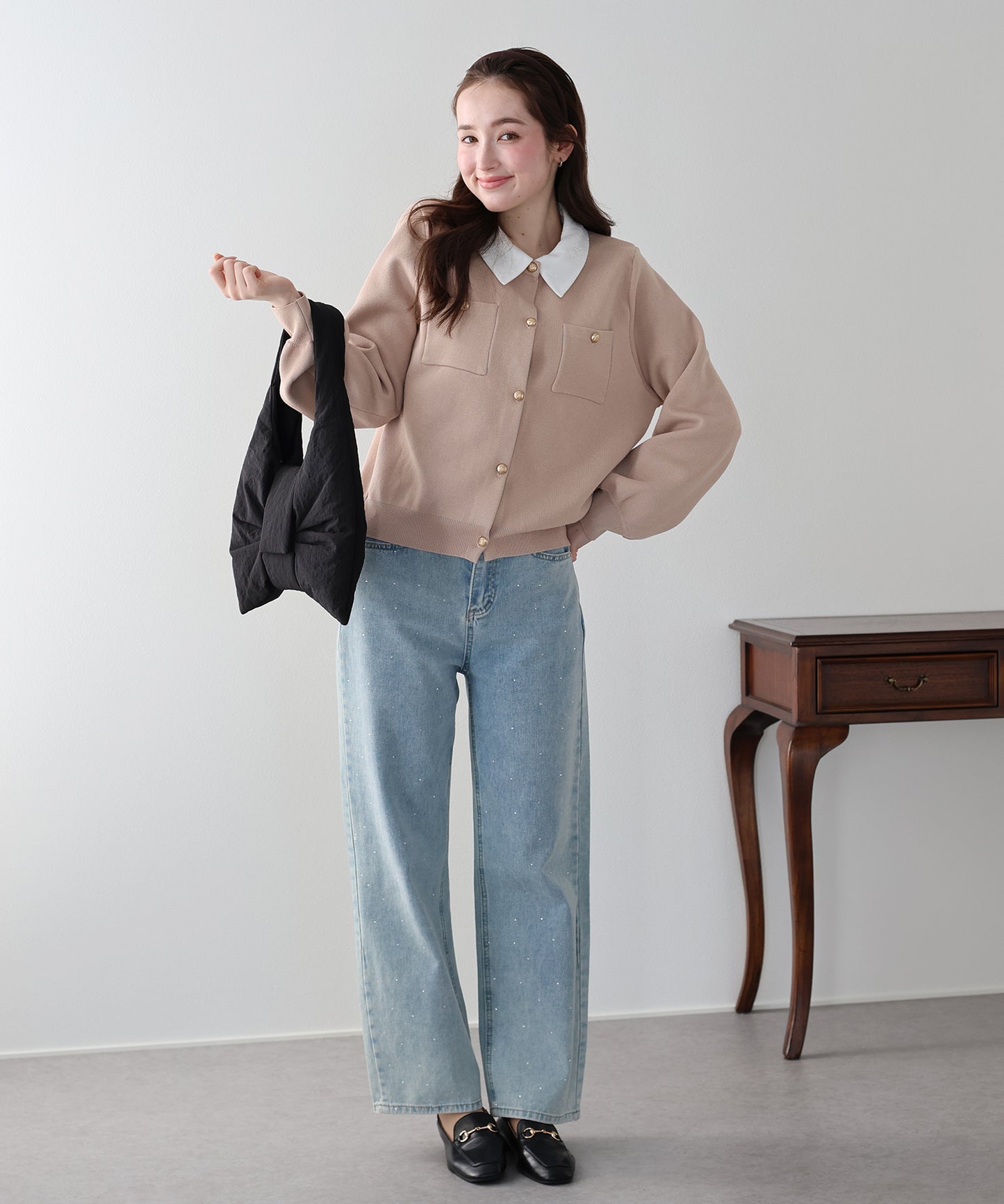 レース襟ニットカーディガン