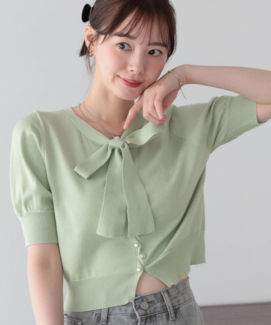 【早割5％OFF】パールボタンボウタイリボンニット
