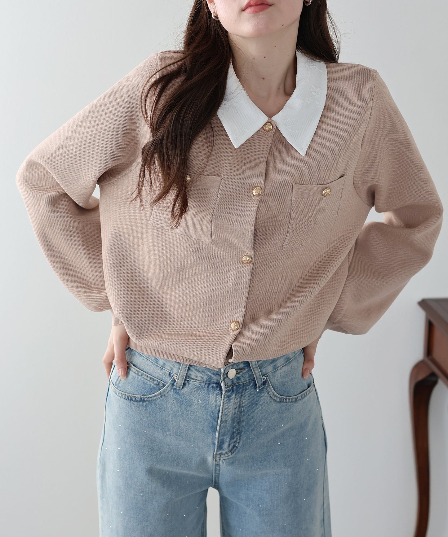 レース襟ニットカーディガン