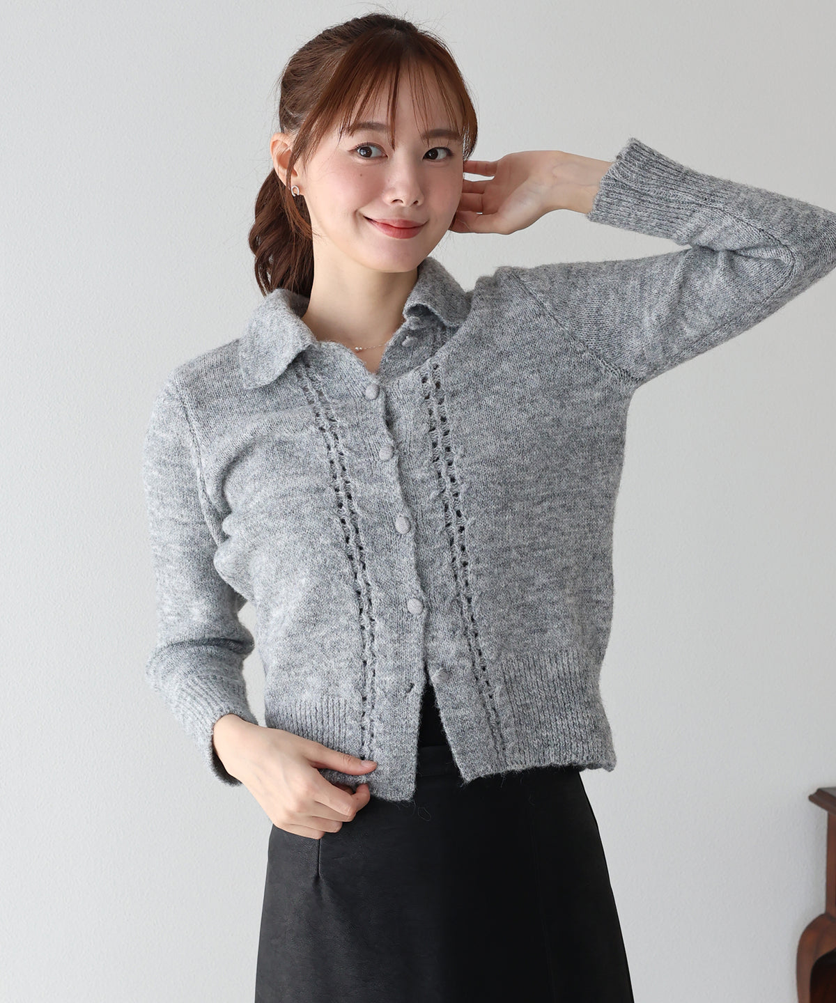 【早割5％OFF】透かし編みポロニットカーディガン