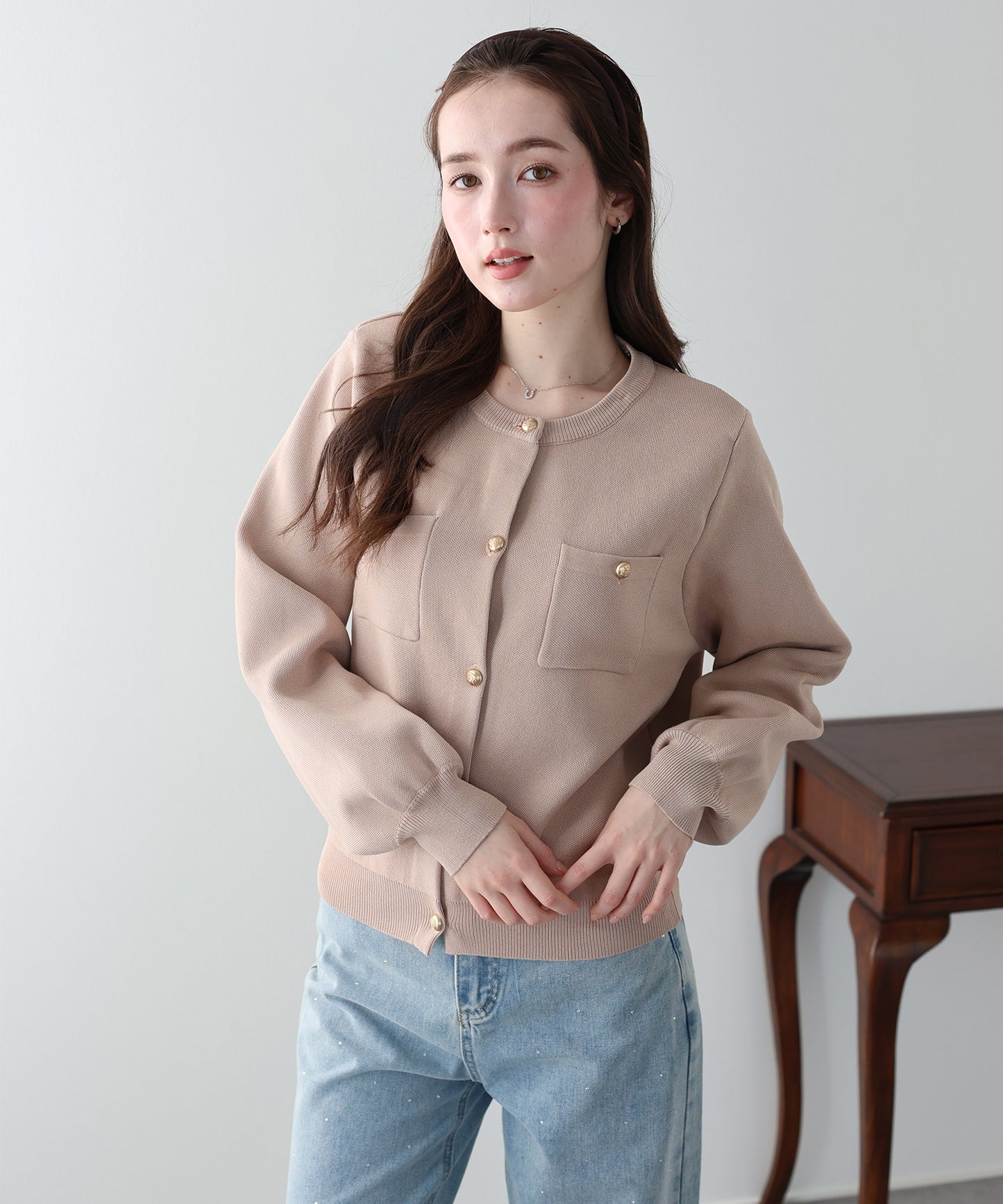 レース襟ニットカーディガン