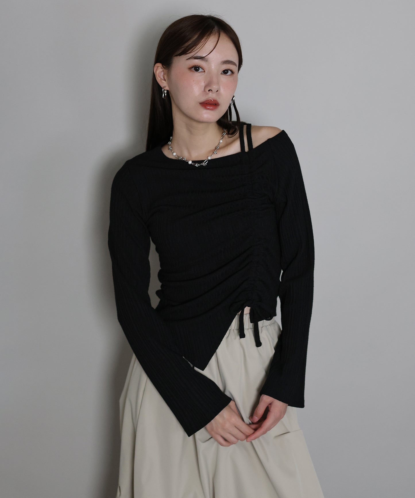 【早割5％OFF】ワンオフショルダーギャザーリボンTシャツ[ J by blue ]【ネコポス】