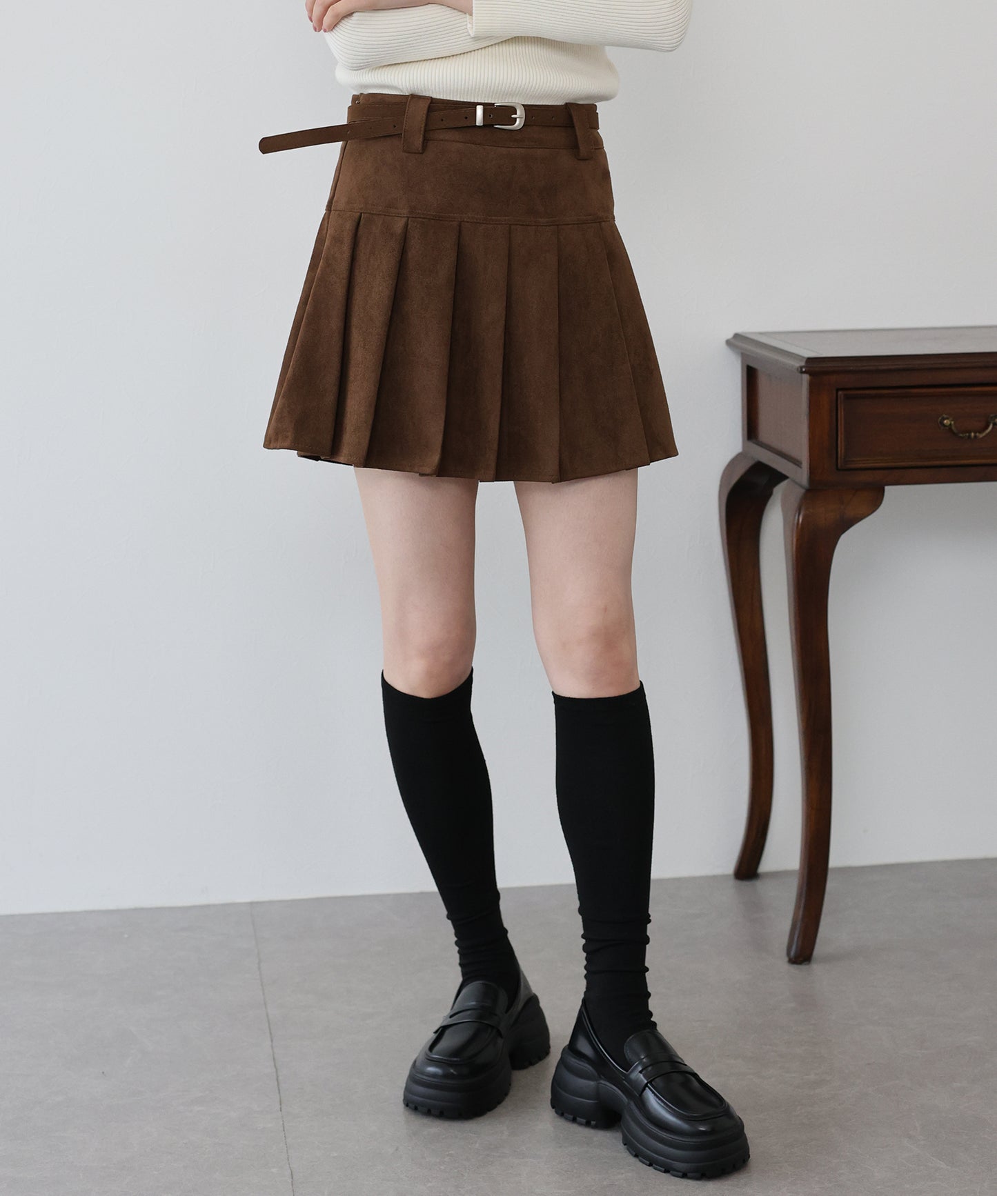 【早割5％OFF】ベルトSETスウェードプリーツミニスカート