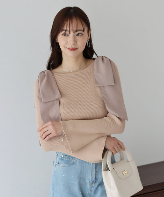 【SALE】肩リボンフレアリブニット