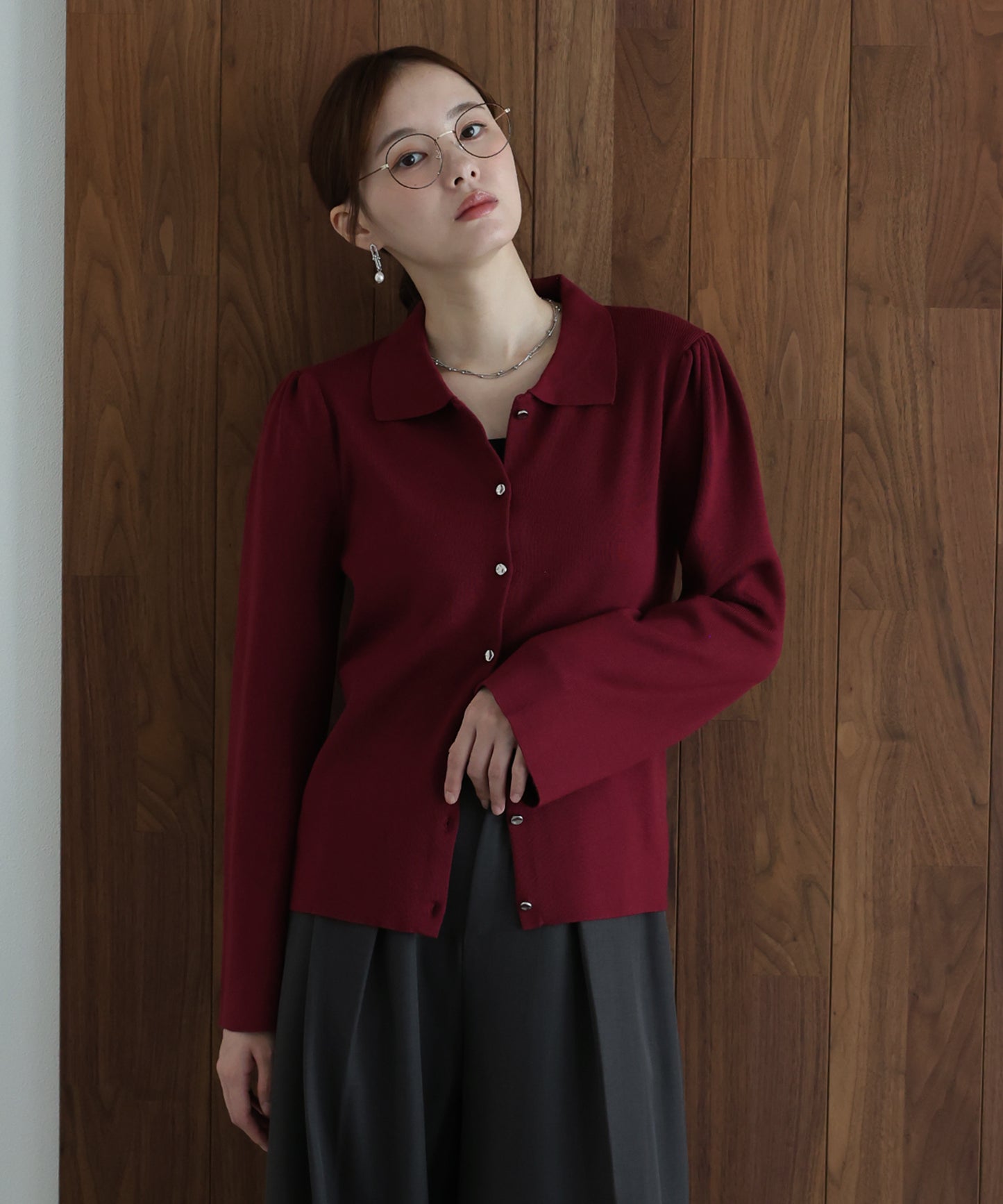 【早割5％OFF】ニュアンスボタンコンパクトポロカーディガン