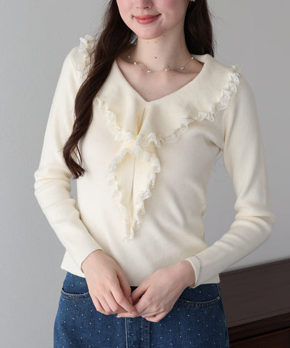 【早割5％OFF】ラッフルフリルが華やかなVネックニットトップス