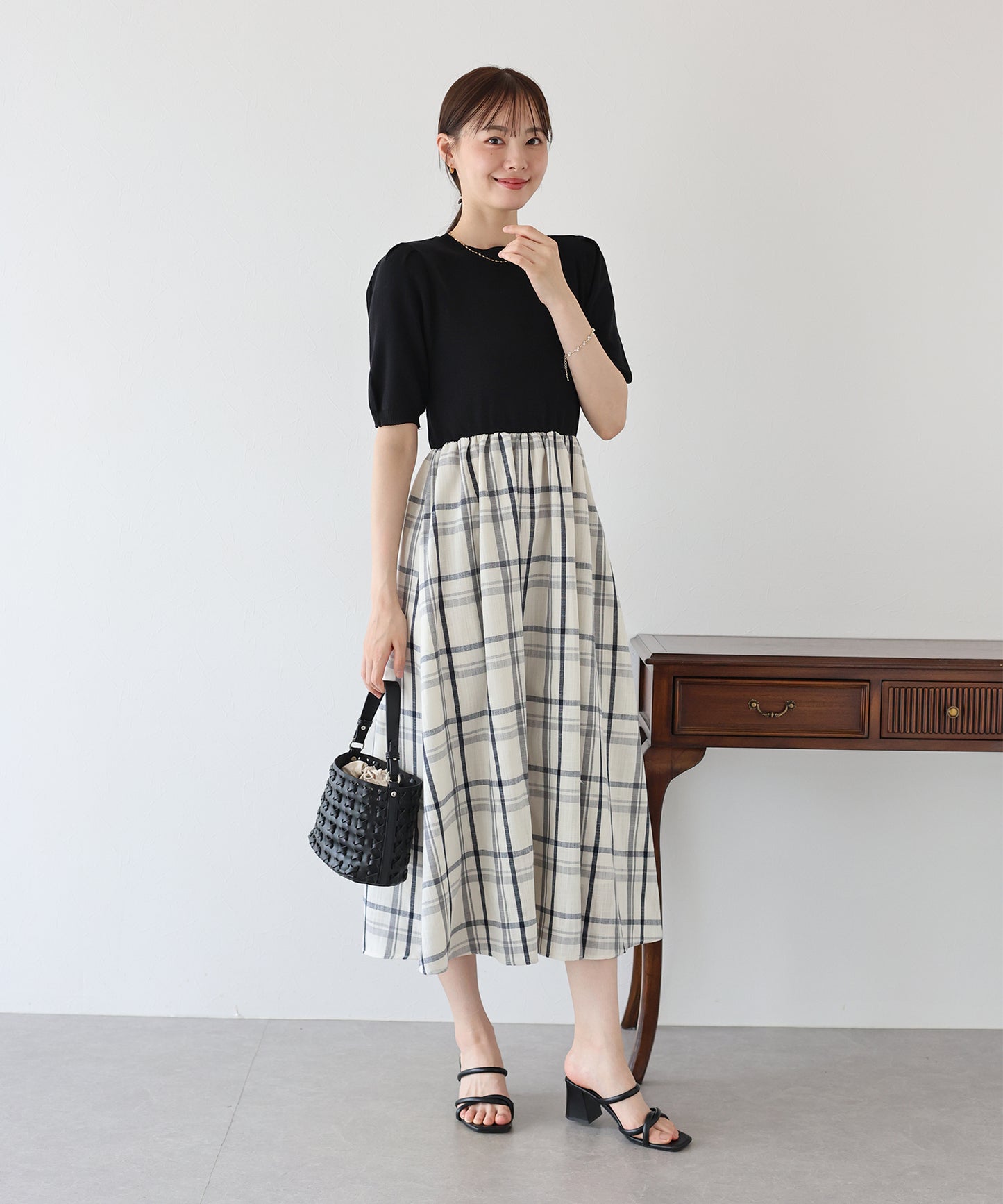 【TIME SALE】チェックドッキングワンピース