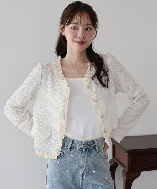 【早割5％OFF】フリルレースジャガードカーディガン