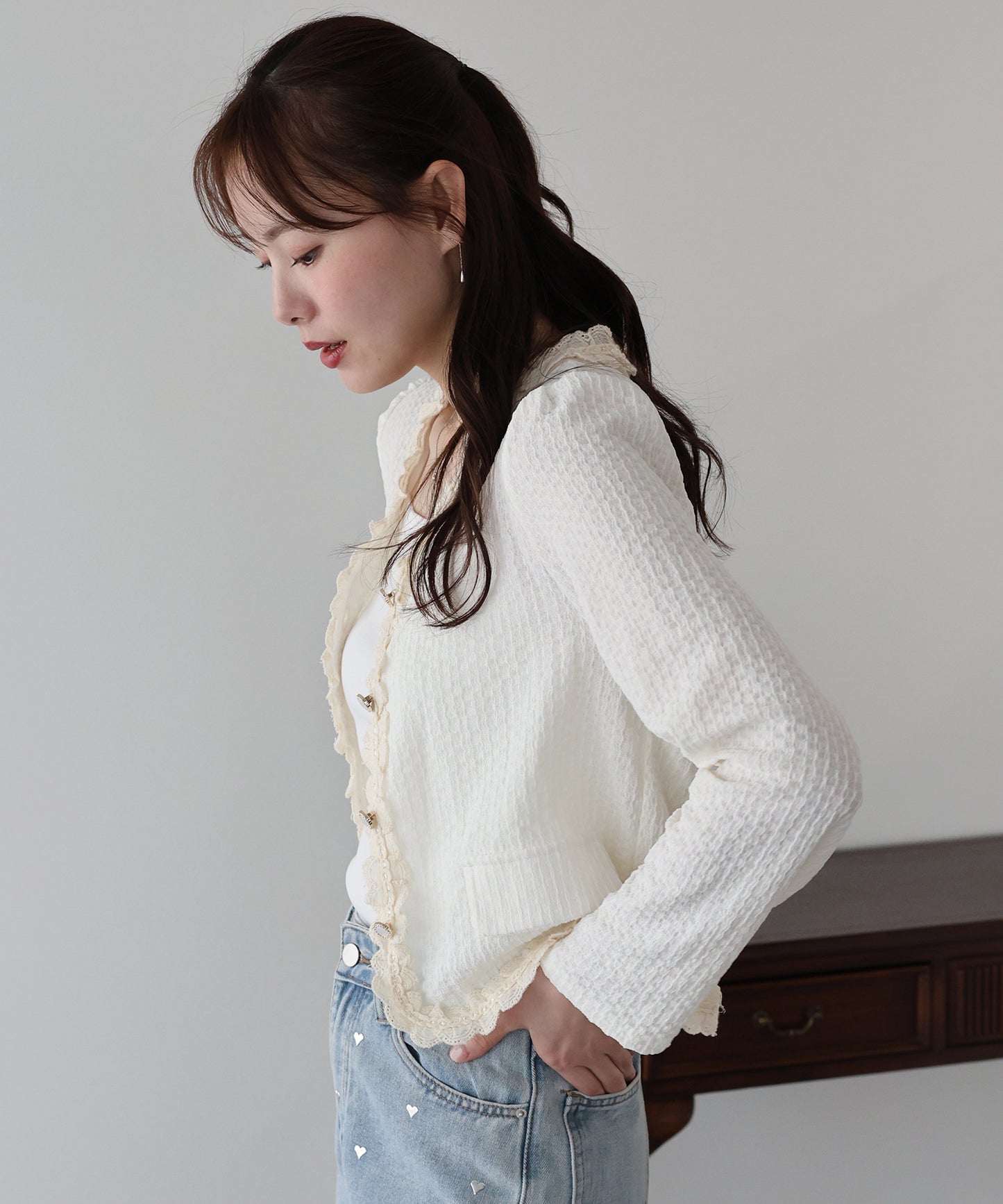 【早割5％OFF】フリルレースジャガードカーディガン