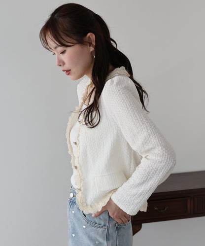 【早割5％OFF】フリルレースジャガードカーディガン