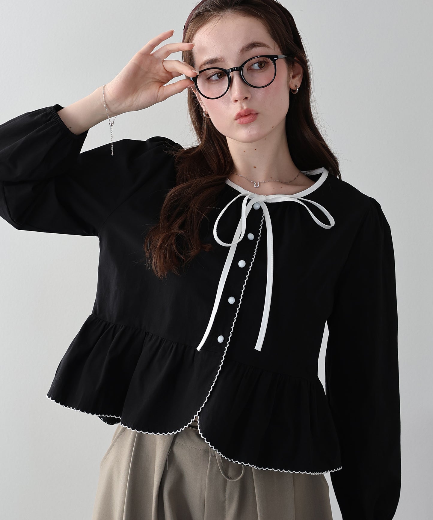 バイカラーリボンペプラムブラウス【ネコポス】