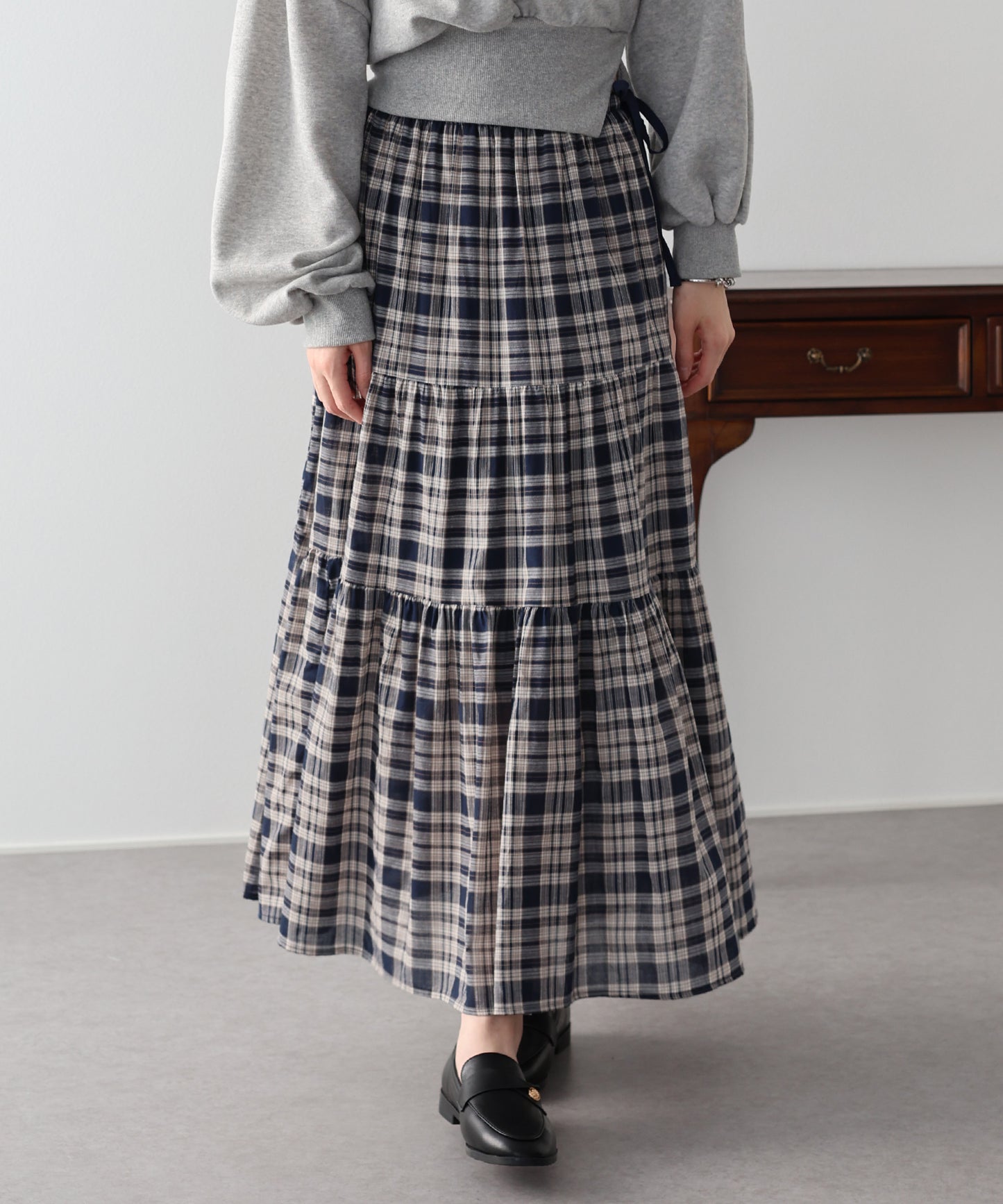 チェック柄サイドリボンティアードスカート