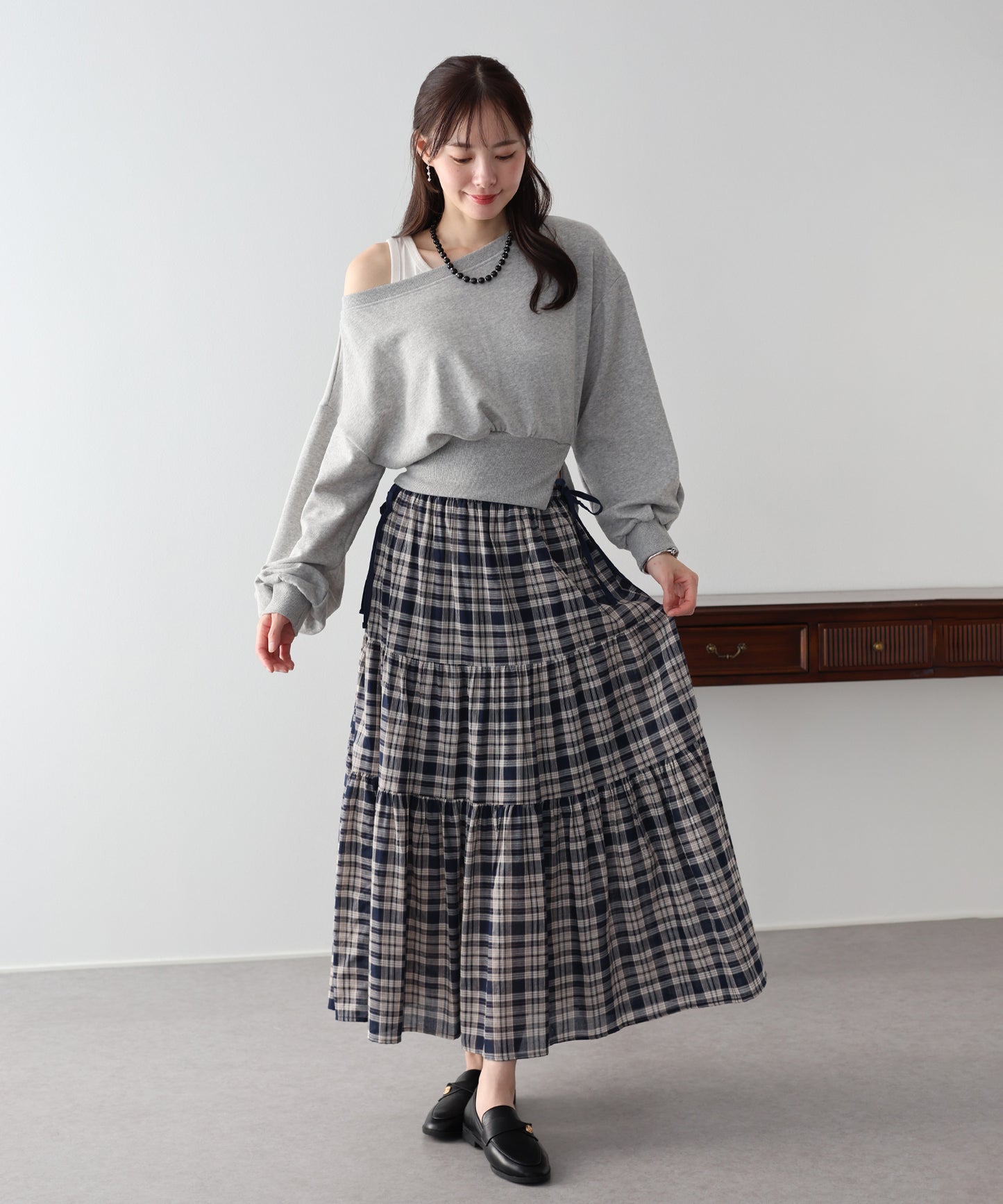 チェック柄サイドリボンティアードスカート