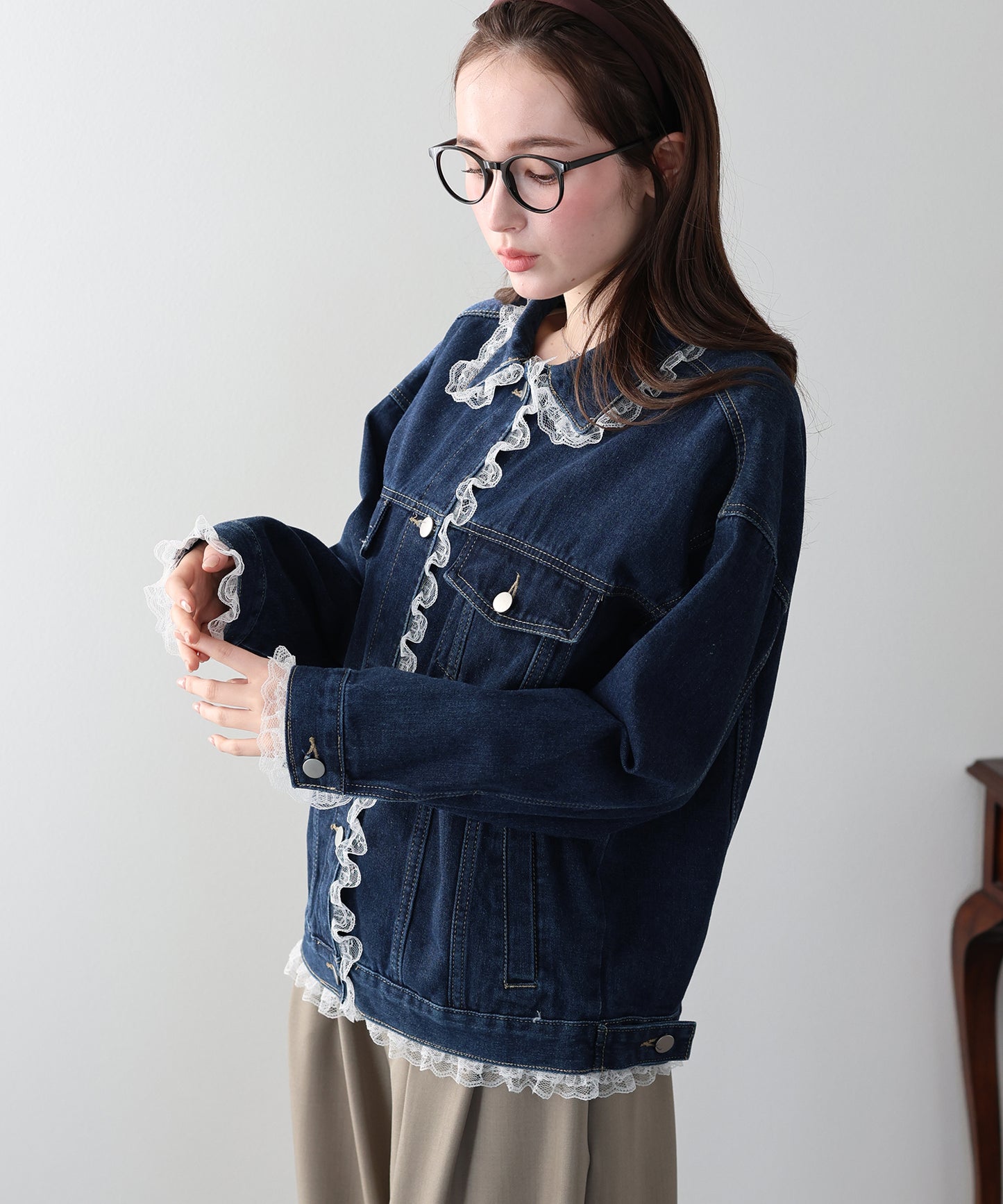 レースドッキングデニムジャケット