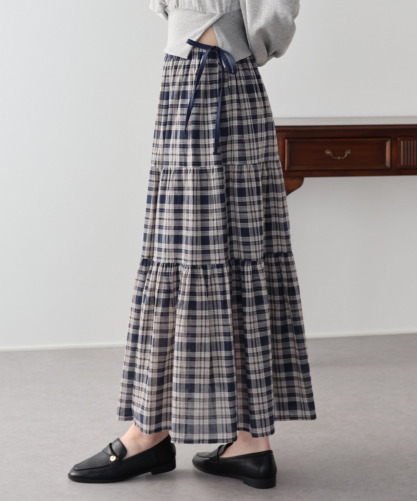 チェック柄サイドリボンティアードスカート