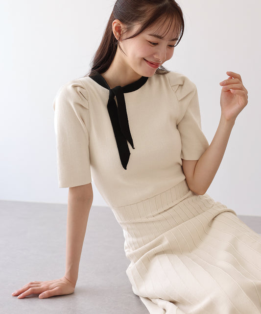 【SALE】配色リボンニットワンピース
