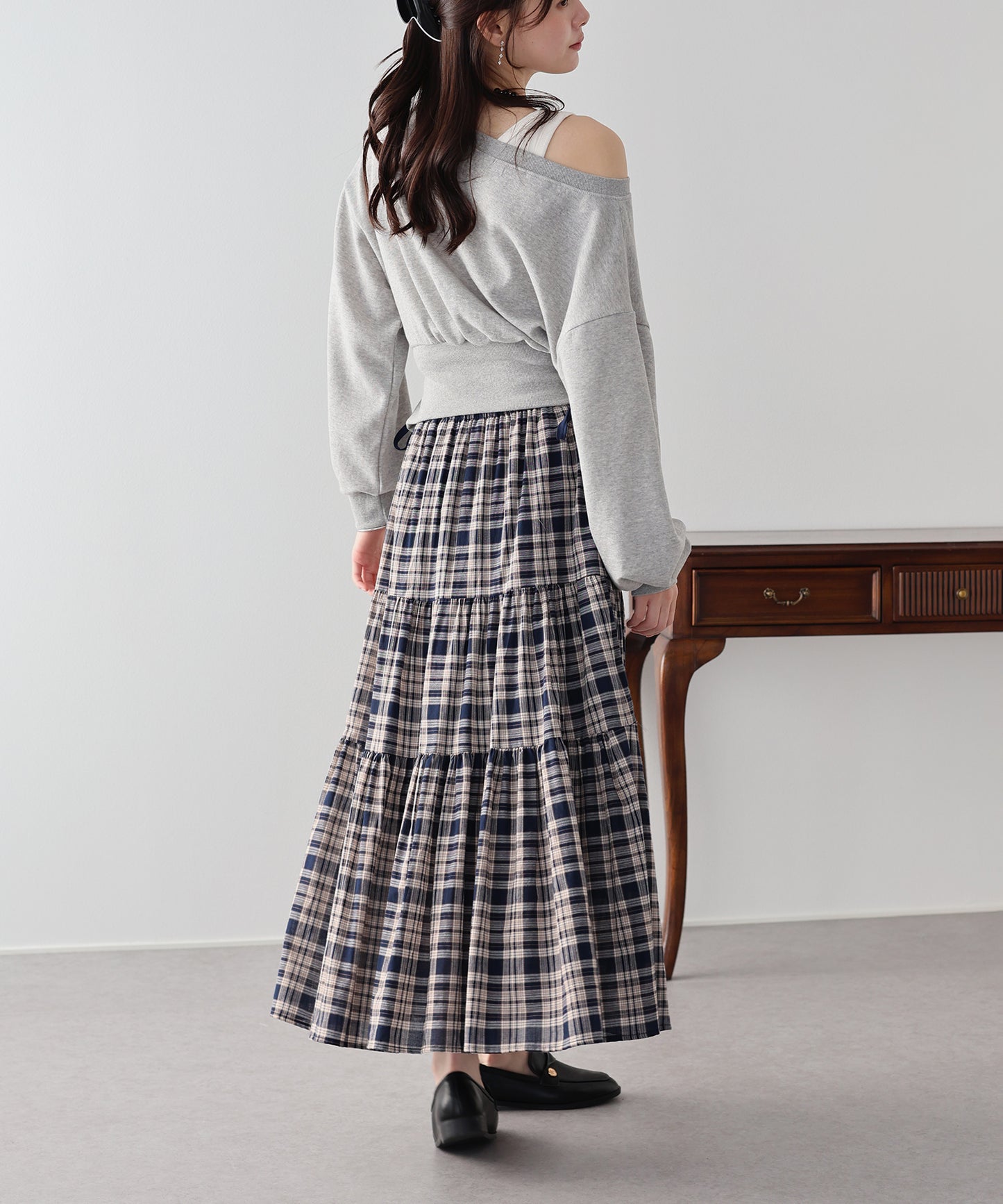 チェック柄サイドリボンティアードスカート