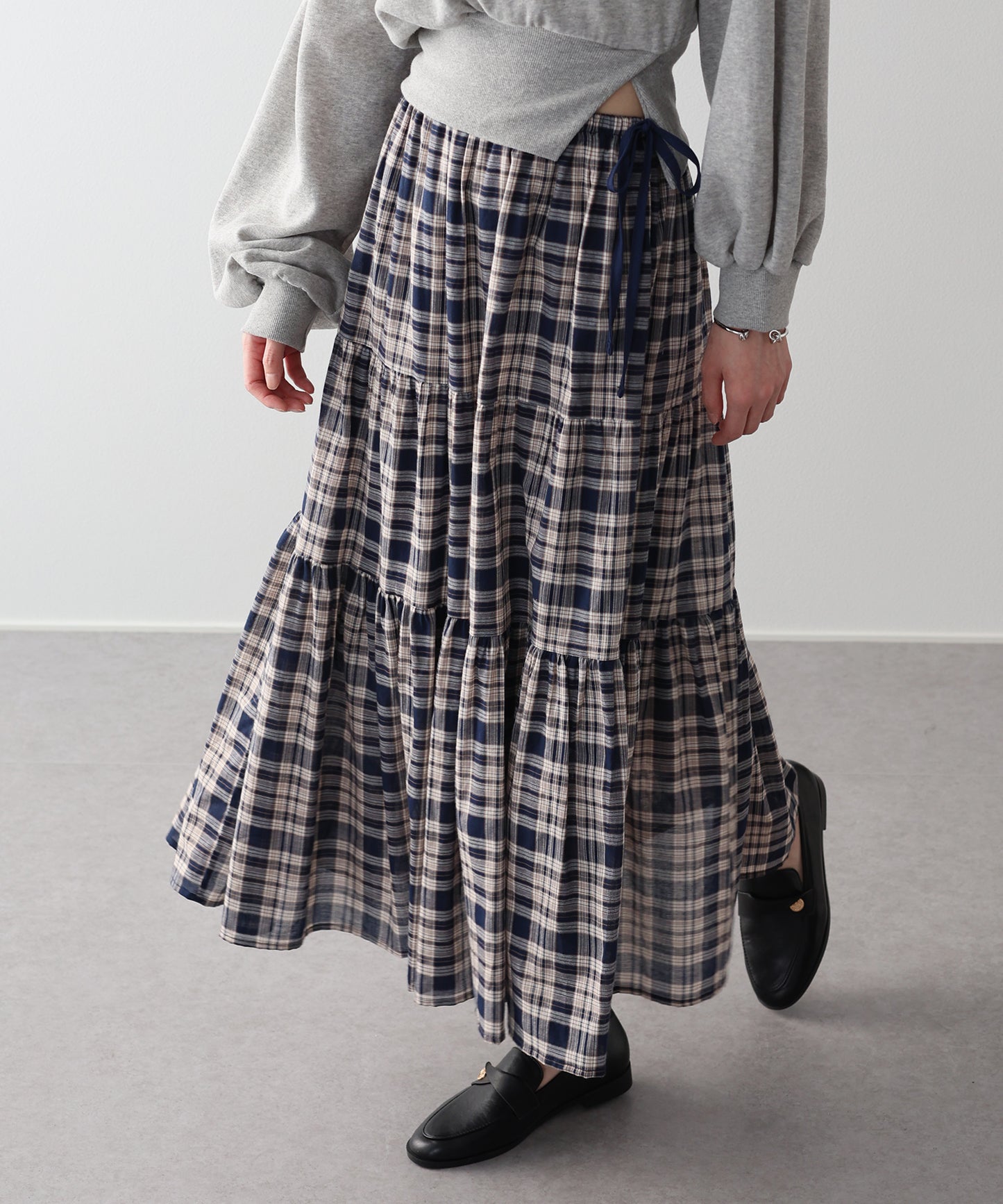 チェック柄サイドリボンティアードスカート