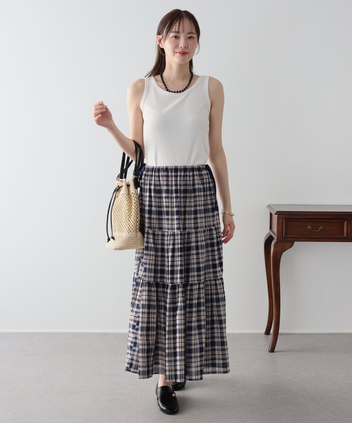 チェック柄サイドリボンティアードスカート