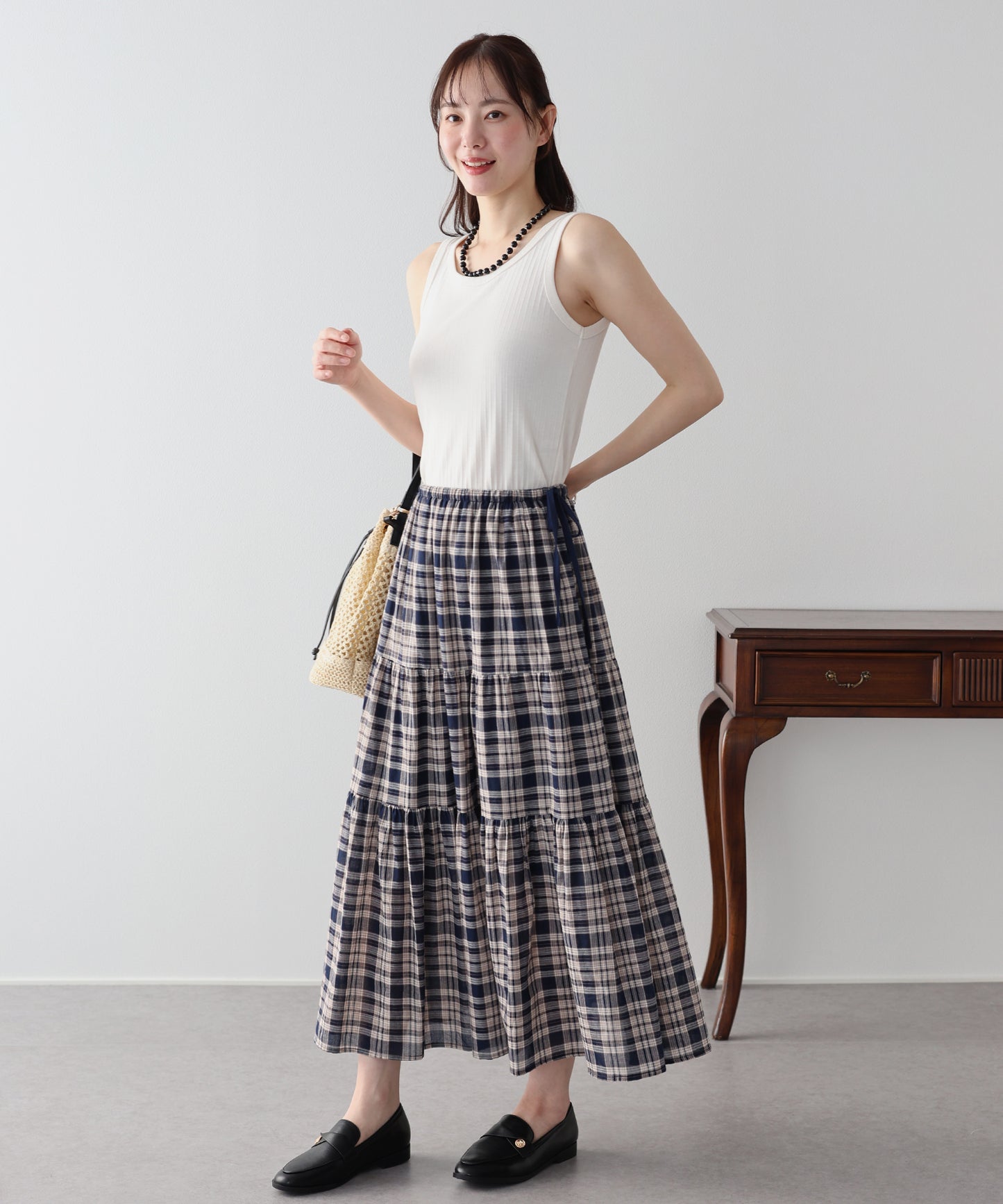 チェック柄サイドリボンティアードスカート