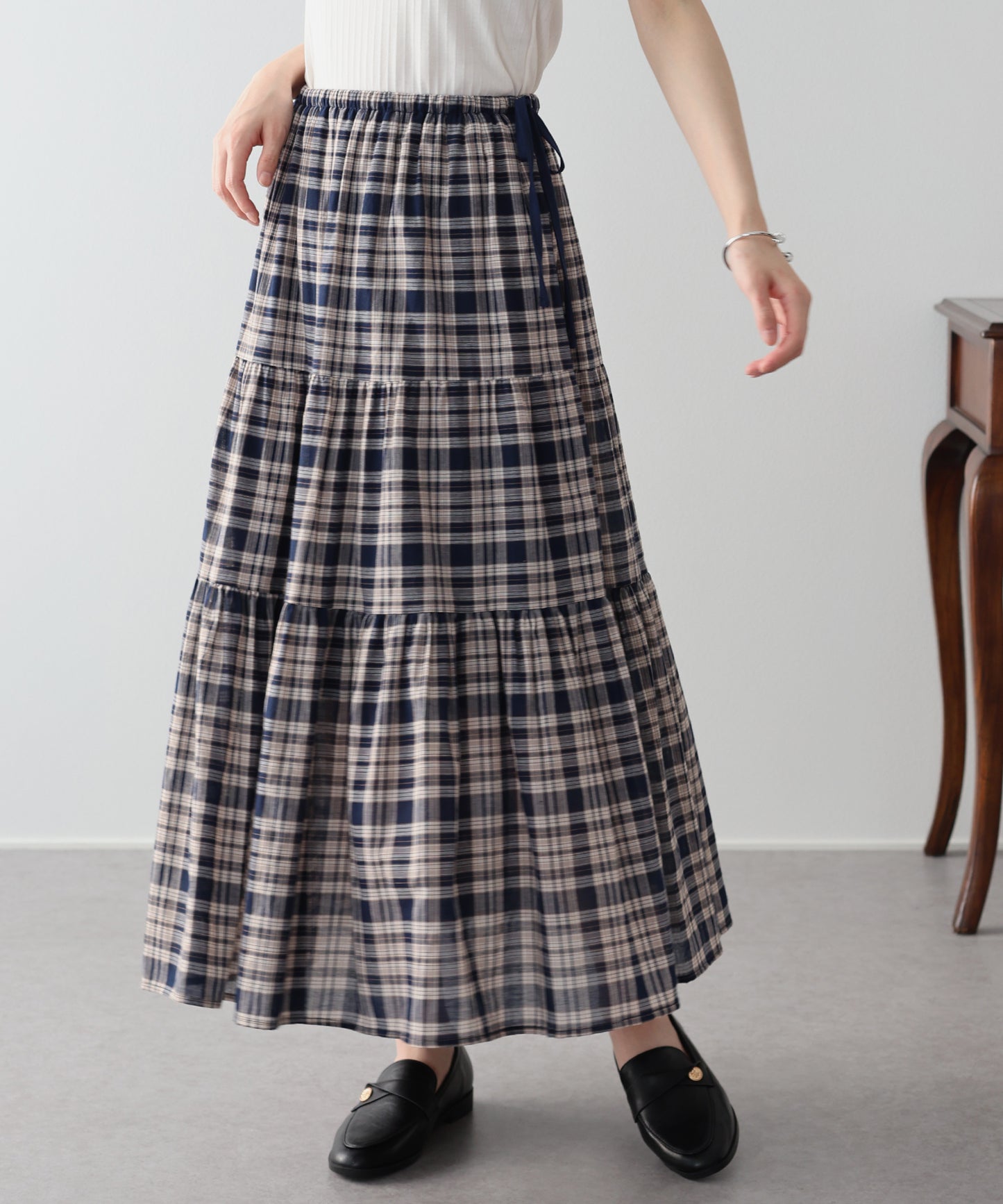 チェック柄サイドリボンティアードスカート