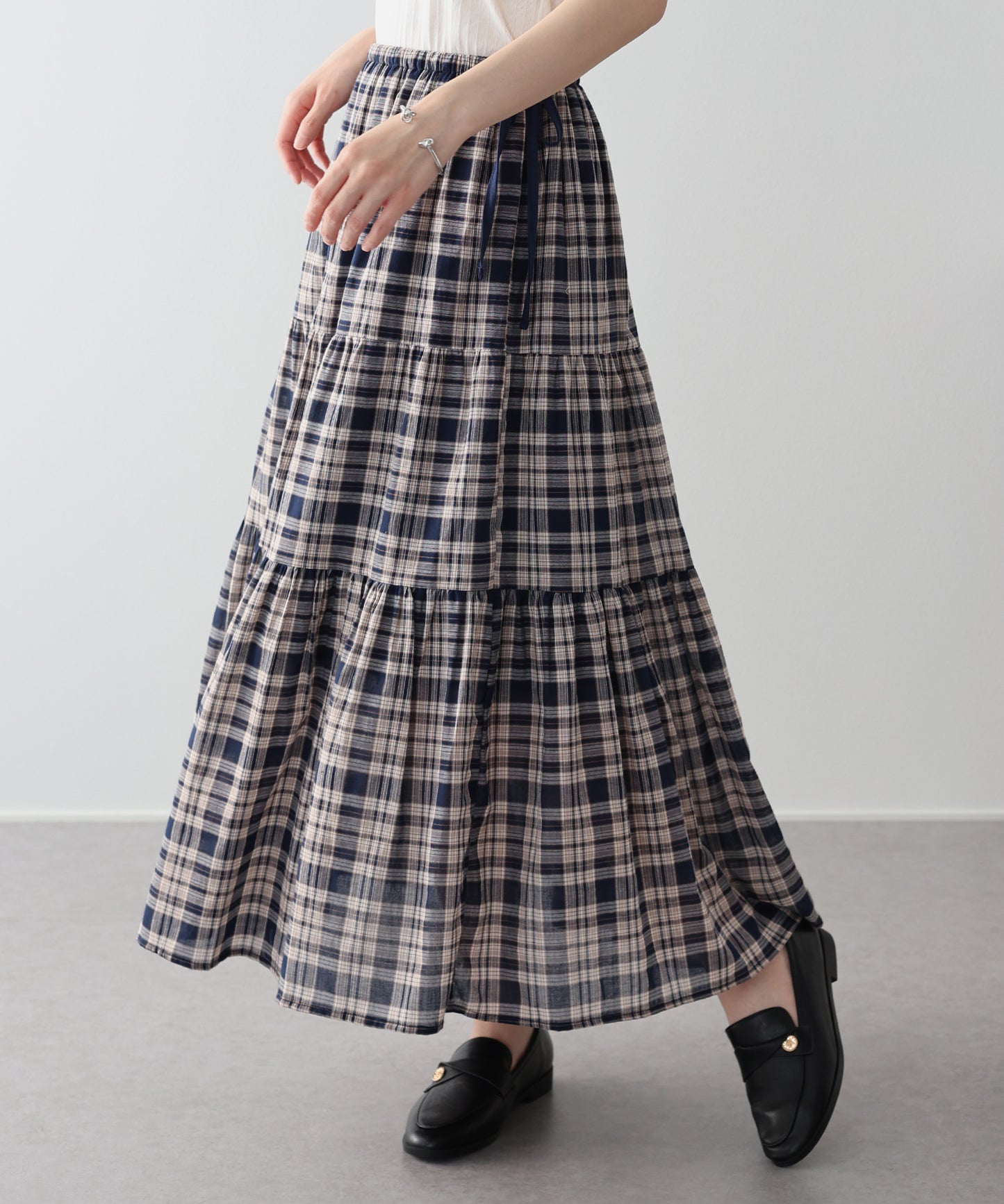 チェック柄サイドリボンティアードスカート