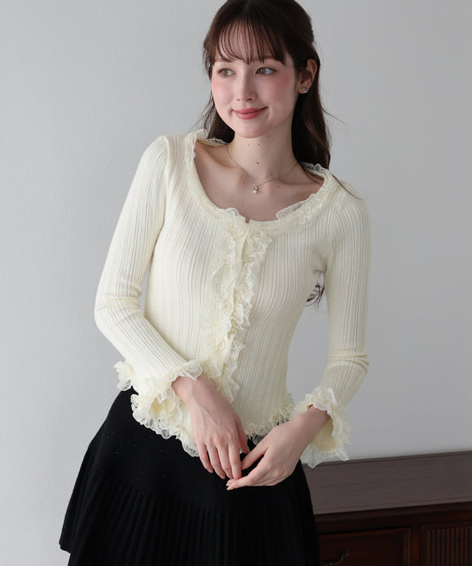 【早割5％OFF】フリルレーストリムニット