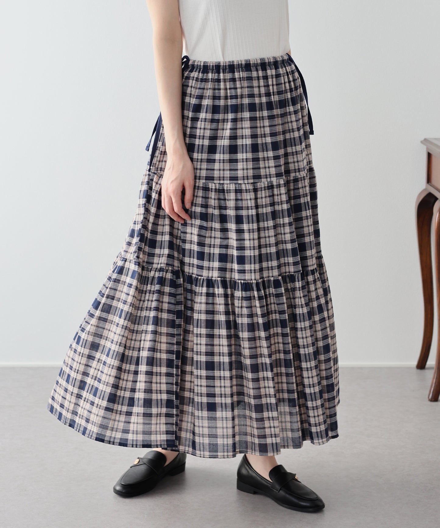 チェック柄サイドリボンティアードスカート