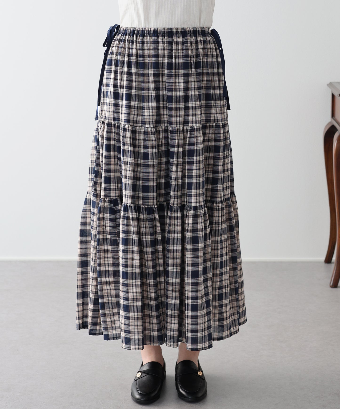 チェック柄サイドリボンティアードスカート
