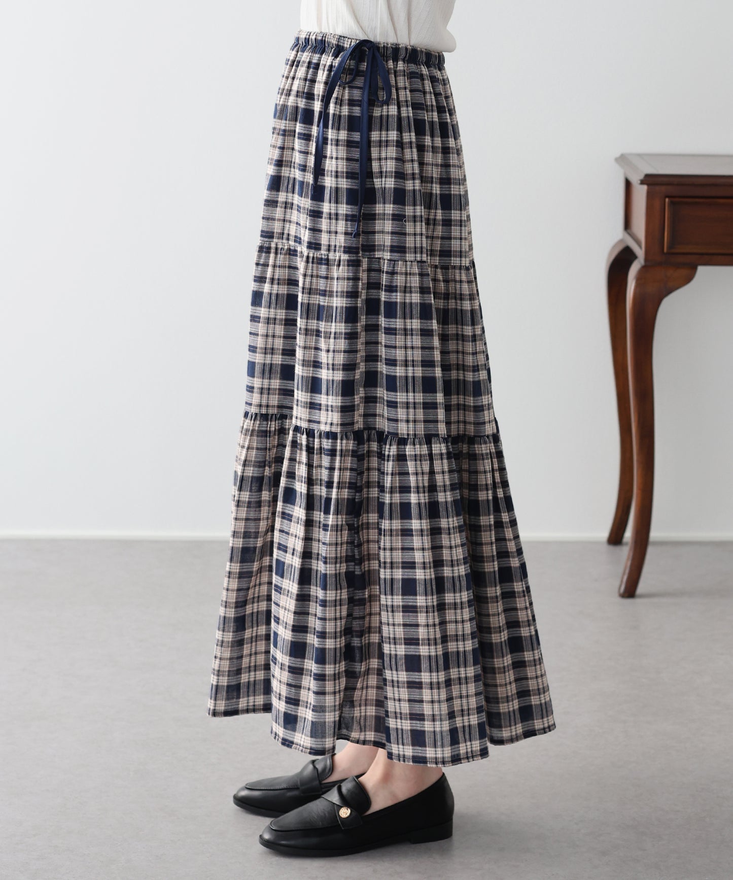 チェック柄サイドリボンティアードスカート