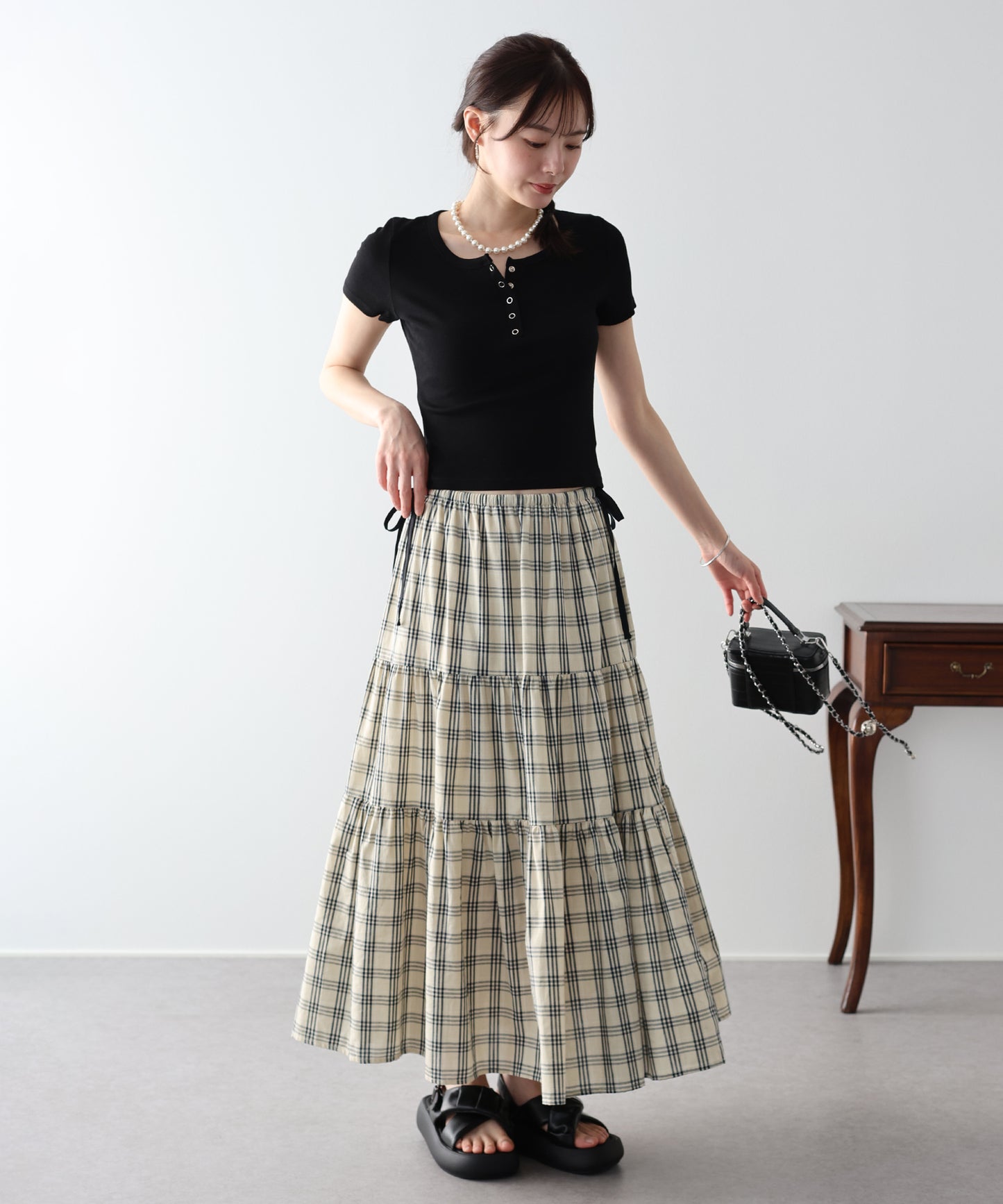 チェック柄サイドリボンティアードスカート