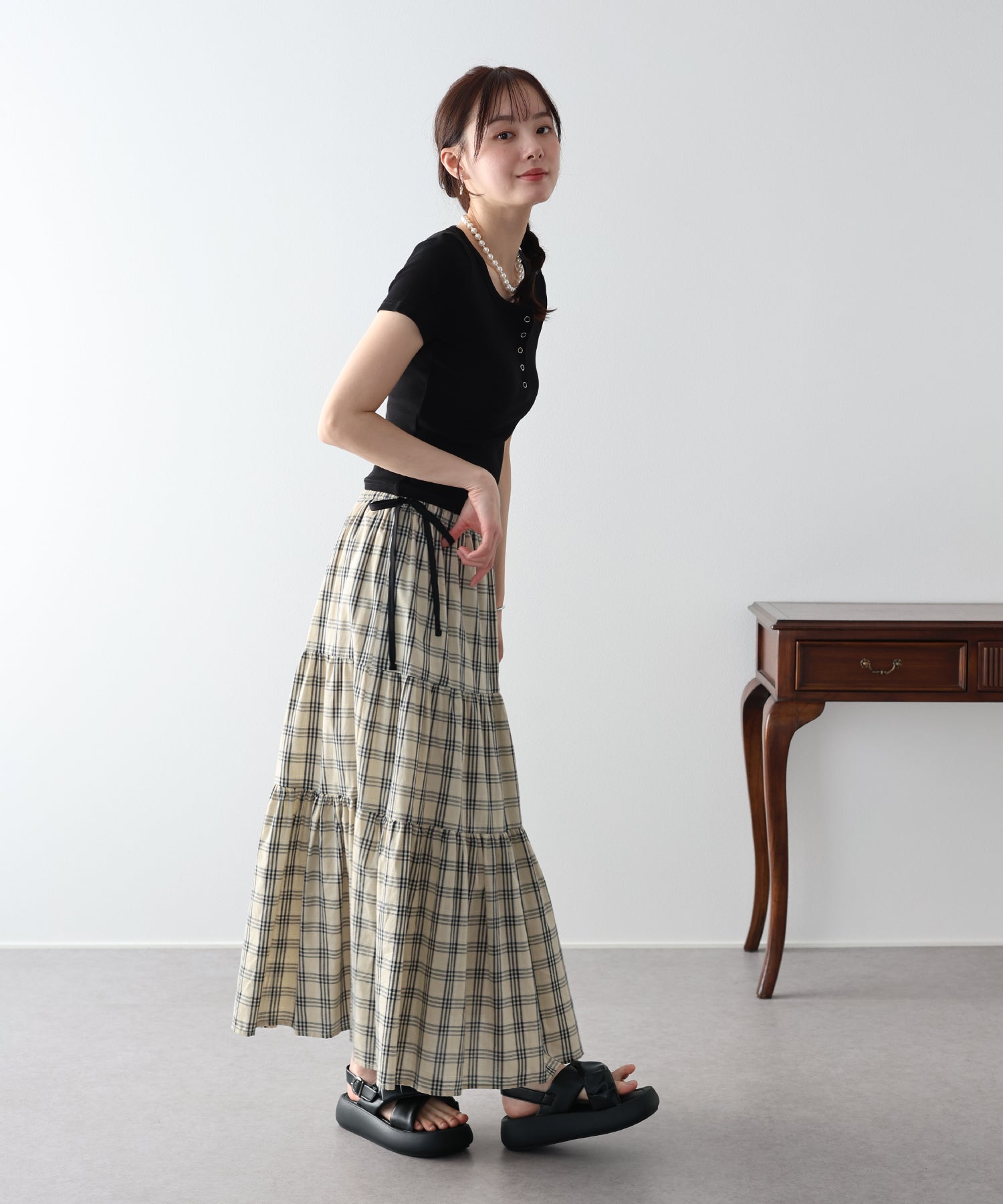スカート チェックリボンティアードスカート