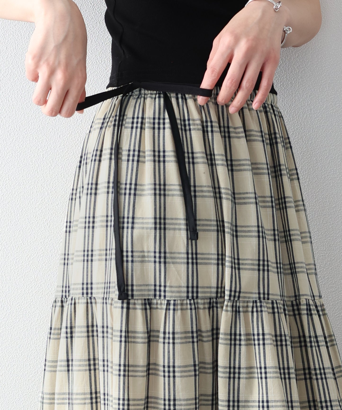 チェック柄サイドリボンティアードスカート