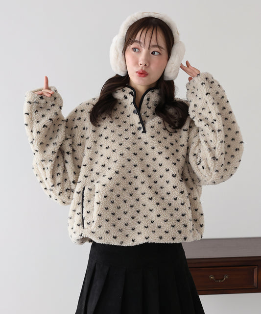 【早割5％OFF】ハート柄ボアハーフボタンプルオーバー