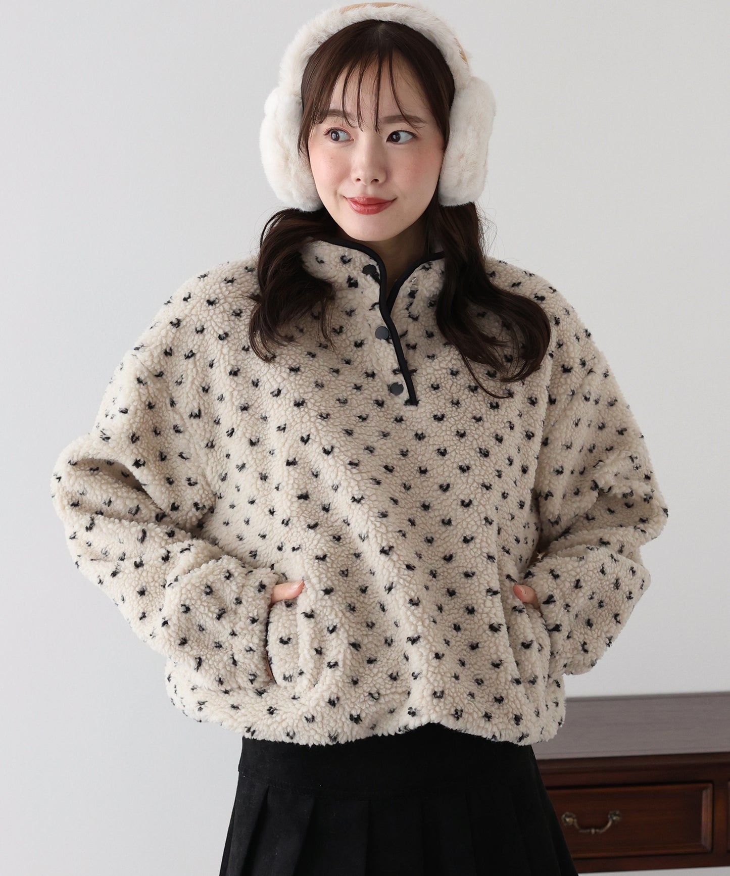 【早割5％OFF】ハート柄ボアハーフボタンプルオーバー