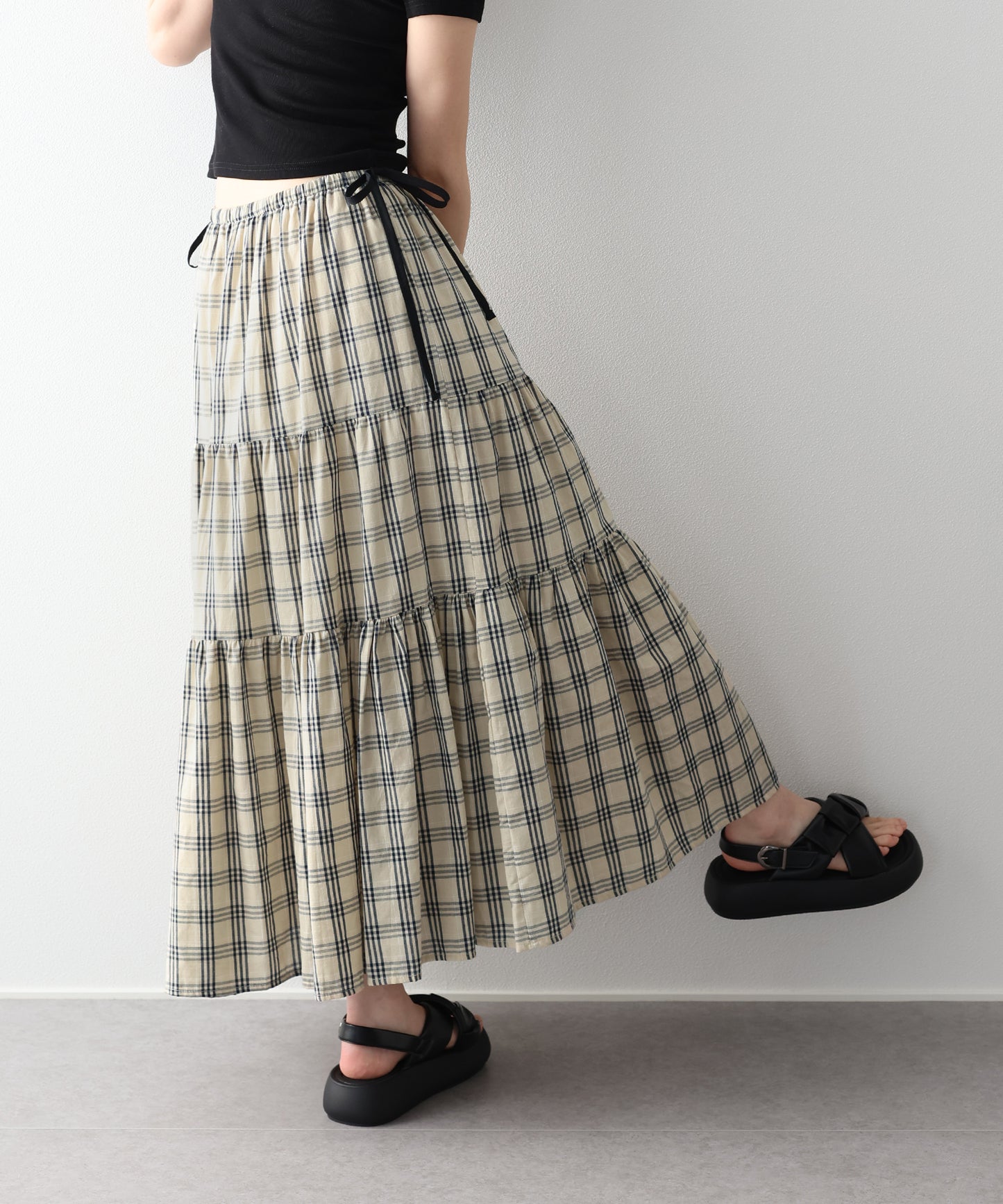 チェック柄サイドリボンティアードスカート